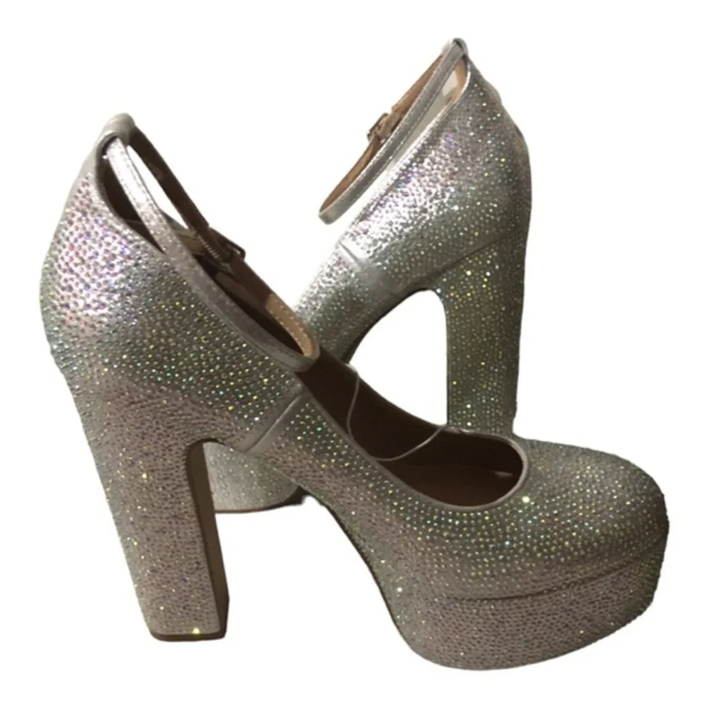 Rhinestone crystal valentino tan-go style closed toe anklestrap‎ platforms sz 10